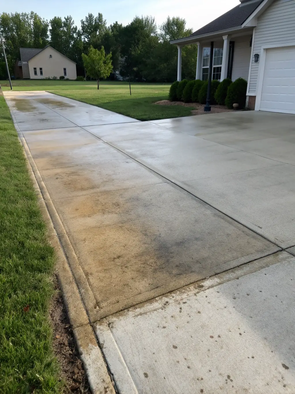 A power washer cleaning a concrete driveway, with half the surface already bright and clean, and the other half still stained, in a suburban Sandpoint neighborhood.