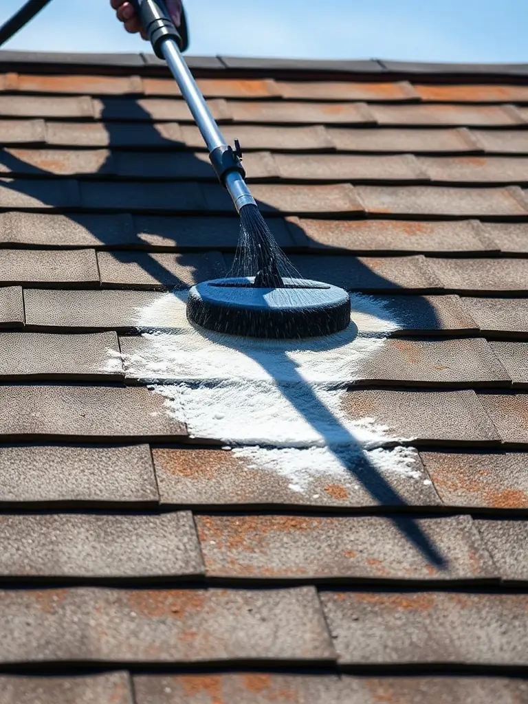 A roof cleaning specialist spraying eco-friendly solution on a shingle roof, with moss and debris visibly being washed away, set against a clear Idaho sky.