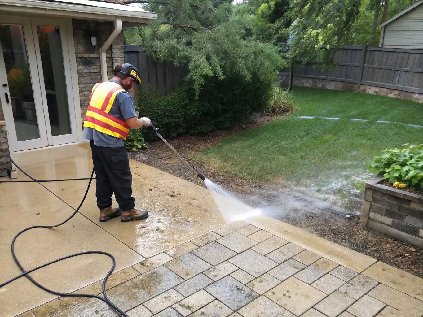 A professional technician in branded attire gently applying a soft wash solution to the siding of a Sandpoint, Idaho home, with lush greenery in the background and visible removal of grime.