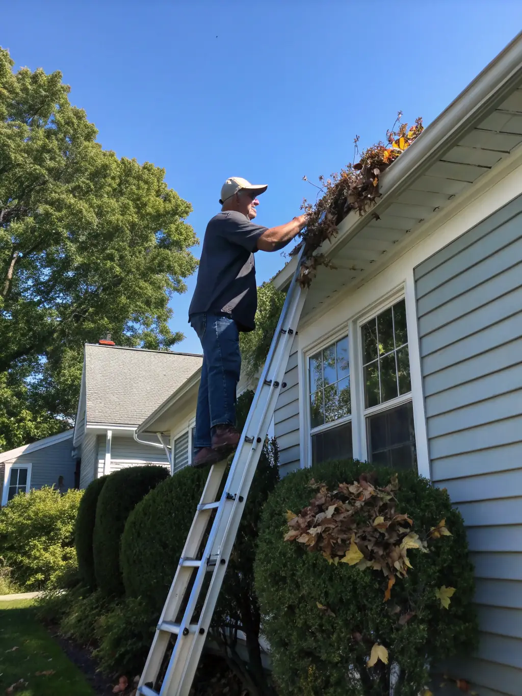 A technician clearing leaves and debris from a residential gutter using specialized tools, with a ladder set up safely next to a two-story home.