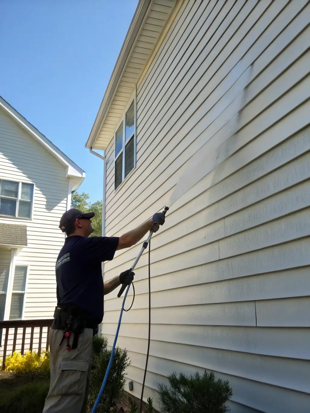 A professional technician using a low-pressure soft wash system to clean the siding of a residential home surrounded by pine trees in Sandpoint, Idaho, with visible removal of dirt and algae.