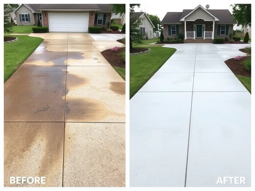 A side-by-side image of a concrete driveway in Sandpoint, Idaho, with one half stained and dirty and the other half freshly cleaned, highlighting the restored, bright surface and improved curb appeal.
